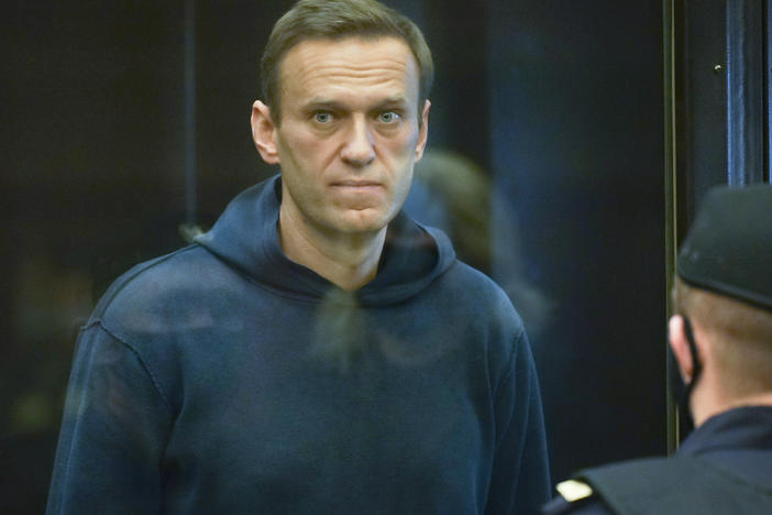 Russian opposition leader Alexei Navalny appears in the Moscow City Court in Moscow on Tuesday.