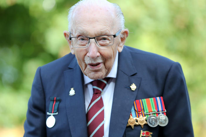 Capt. Sir Tom Moore poses in September while marking the launch of his memoir, <em>Tomorrow Will Be a Good Day,</em> in Milton Keynes, England.