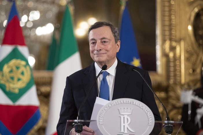 Former head of the European Central Bank Mario Draghi gives a press conference after a meeting with the Italian president, at the Quirinal Palace in Rome on Wednesday.