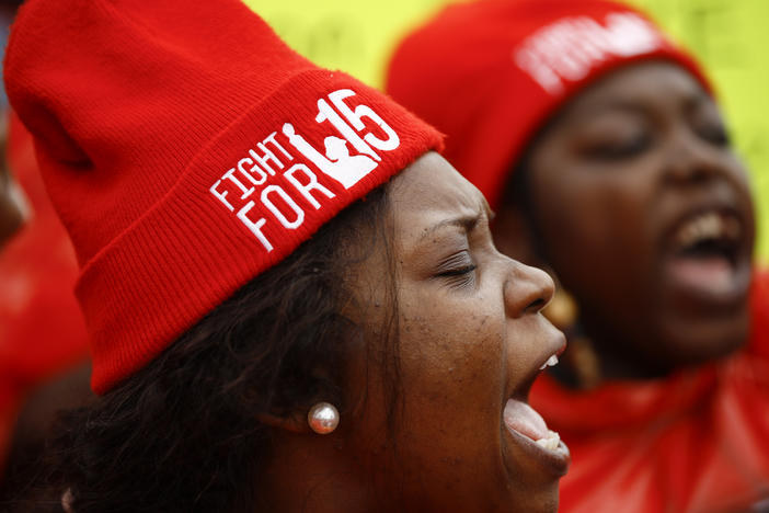 Demonstrators call for a union and $15 minimum wage at a McDonald's in Charleston, S.C., in February 2020. The U.S. Senate has voted to prohibit an increase in the federal minimum wage during the pandemic.