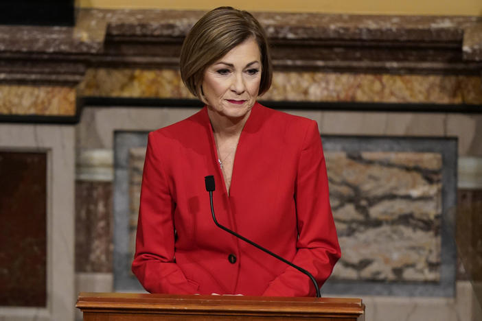 Iowa Gov. Kim Reynolds, seen in January, issued a new public health disaster proclamation Friday that eliminates most of the state's coronavirus restrictions including mask and social distancing guidelines.