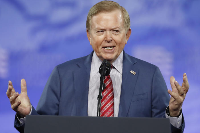 Lou Dobbs on <em>Lou Dobbs Tonight</em> in 2017. After over a decade with Fox, his show was canceled Friday.