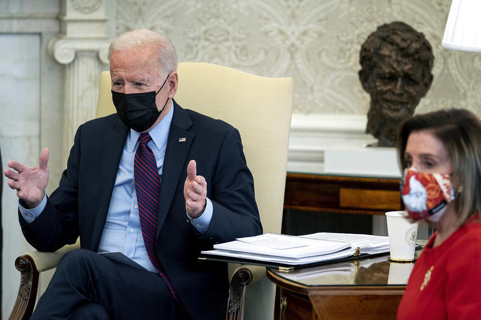 President Biden meets with House Democratic leaders, including Speaker Nancy Pelosi, in the Oval Office on Friday to discuss coronavirus relief legislation.