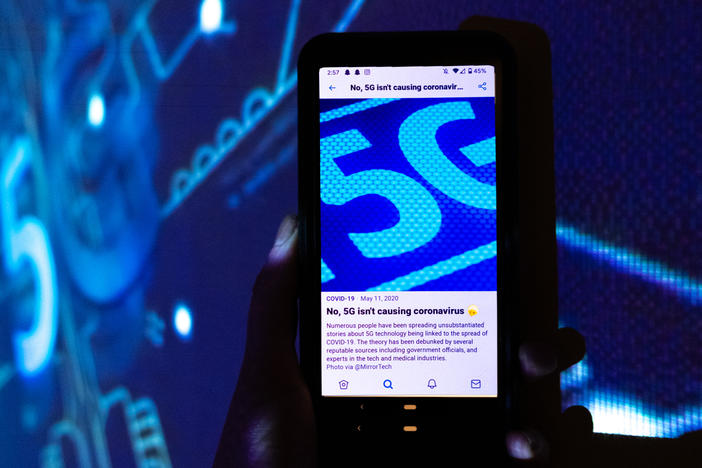 Open up any social media app on your phone and you'll see it: links to COVID-19 information from trustworthy sources. Here, a Twitter screen reads, "No, 5G isn't causing coronavirus."