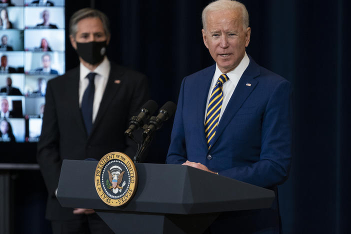 Secretary of State Antony Blinken, left, announced the Biden administration's plan to terminate agreements with El Salvador, Guatemala and Honduras that allowed the U.S. to send asylum-seekers to those countries.