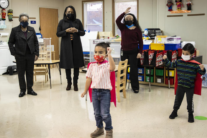 Mayor Lori Lightfoot (left) and Chicago Public Schools CEO Janice Jackson (second from left) visit a preschool classroom at Dawes Elementary School in Chicago on Jan. 11.