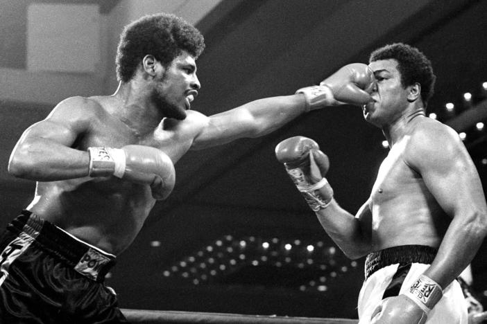 Leon Spinks lands a punch on Muhammad Ali in the title fight in Las Vegas on Feb. 15, 1978. Spinks beat Ali to claim the heavyweight championship and shock the boxing world.