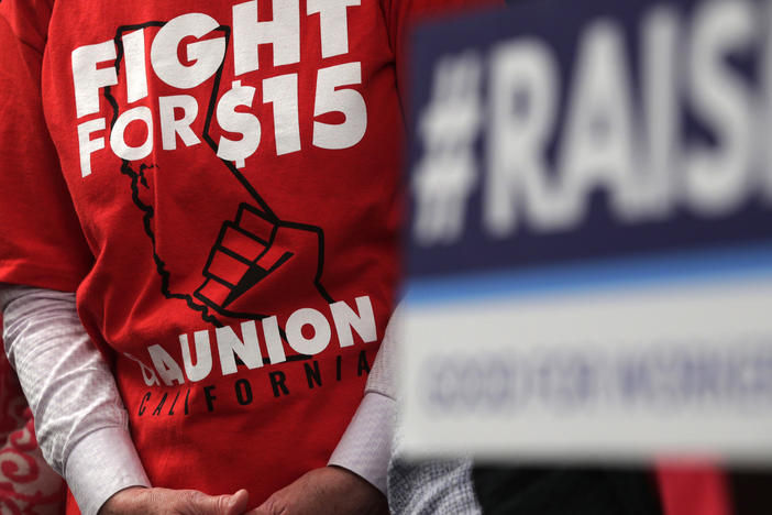 An activist wears a "Fight For $15 and a Union" t-shirt at the U.S. Capitol in 2019 as lawmakers took on legislation to raise the federal minimum wage.