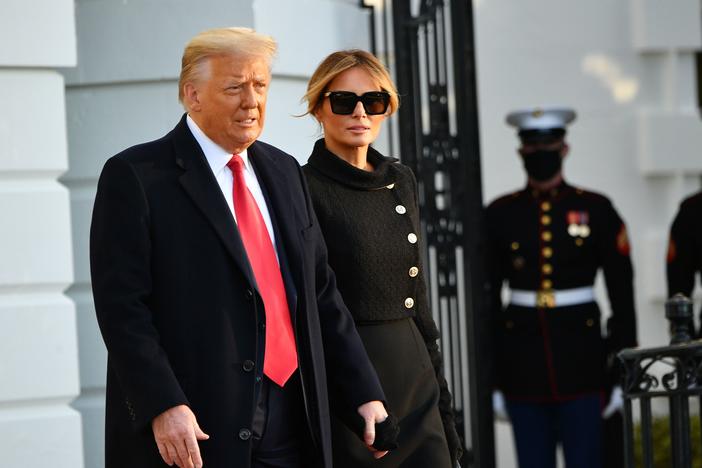 Former President Donald Trump and Melania Trump leave the White House on Jan. 20, President Biden's Inauguration Day. Trump is facing an impeachment trial in the Senate this week.