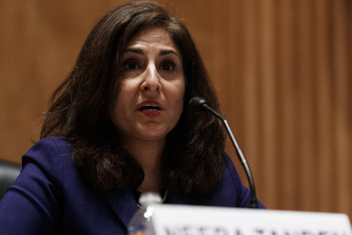 Neera Tanden, President Biden's nominee for director of the Office and Management and Budget, speaks during a Senate Homeland Security and Governmental Affairs Committee confirmation hearing on Tuesday. Tanden apologized for past insults to Republicans.