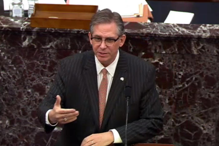 In this screenshot taken from a congress.gov webcast, Bruce Castor Jr. defense lawyer for former President Trump speaks on the first day of Trump's second impeachment trial.