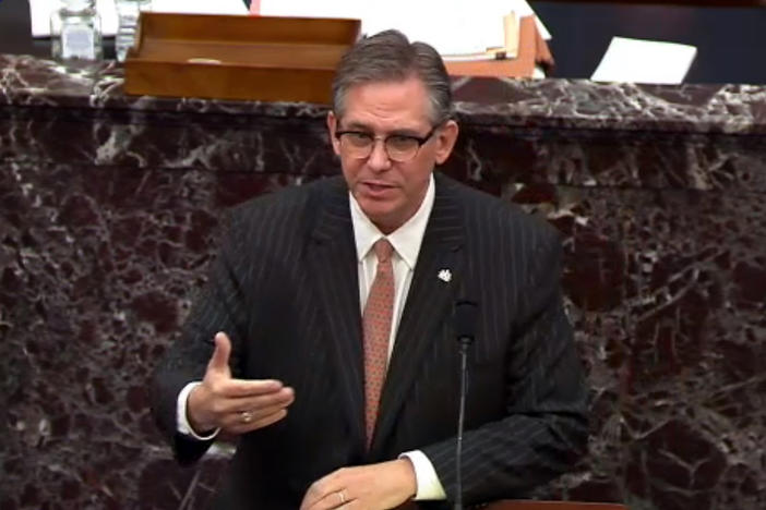 Bruce Castor, a defense lawyer for former President Donald Trump speaks on the first day of Trump's second impeachment trial. Trump's legal team is arguing that the impeachment is politically motivated and must not move forward.