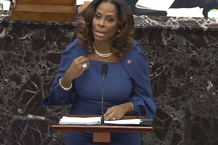 House impeachment manager Del. Stacey Plaskett, D-Virgin Islands, drew a stark comparison between the Americans who "sacrificed their lives for love of country, honor, duty" by stopping foreign terrorists from striking the Capitol on 9/11, and the insurgents who were "incited" by Trump to attack the seat of government.