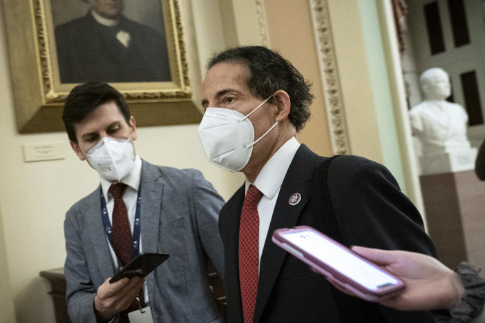 Lead House impeachment manager Rep. Jamie Raskin, D-Md., leaves at the end of the first day of former President Donald Trump's impeachment trial at the Capitol on Tuesday.