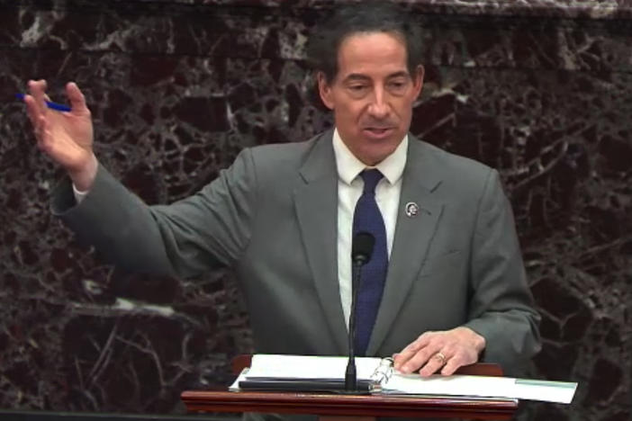 Rep. Jamie Raskin, D-Md., the lead House impeachment manager, speaks in the Senate on Wednesday. He argued that former President Donald Trump incited the Jan. 6 attack on the U.S. Capitol and that his words are not protected by the First Amendment.