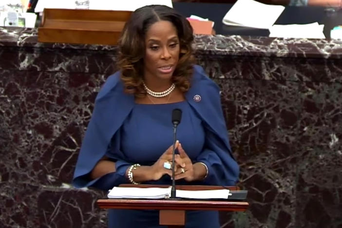 Del. Stacey Plaskett, D-U.S. Virgin Islands, speaks Wednesday during former President Donald Trump's second impeachment trial. She argued that Trump was "singularly responsible" for the Jan. 6 attack at the U.S. Capitol and that he should be convicted and barred from holding public office again.