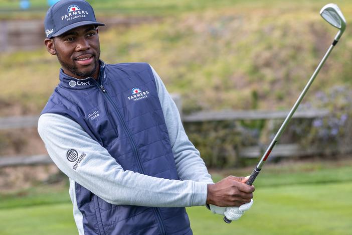 Kamaiu Johnson practices ahead of his PGA Tour debut on Thursday at legendary Pebble Beach. Johnson, 27, was discovered by a golf pro at age 13 after he had dropped out of school.