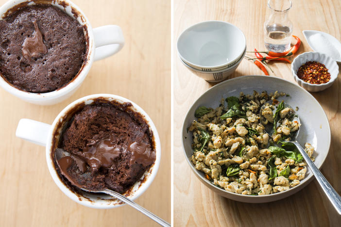 A Valentine's Day meal for two from America's Test Kitchen: coffee mug molten chocolate cake and Thai chicken with basil.
