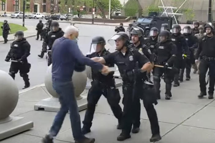 A video shows officers shoving an older man during a Black Lives Matter demonstration in June 2020 in Buffalo, N.Y.