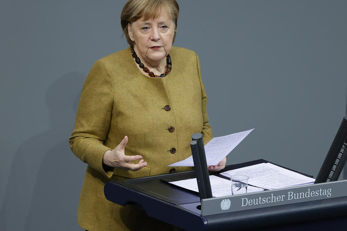 German Chancellor Angela Merkel addresses the Bundestag in Berlin on the German government's measures against COVID-19 on Thursday.