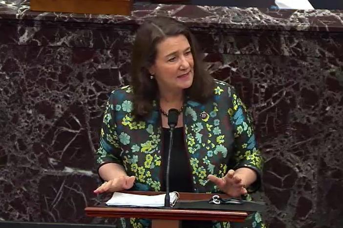Rep. Diana DeGette, D-Colo., speaks on the third day of former President Donald Trump's second impeachment trial, Thursday at the U.S. Capitol. DeGette referenced court documents and social media posts to argue that Trump supporters believed they were following his orders in attacking the Capitol.