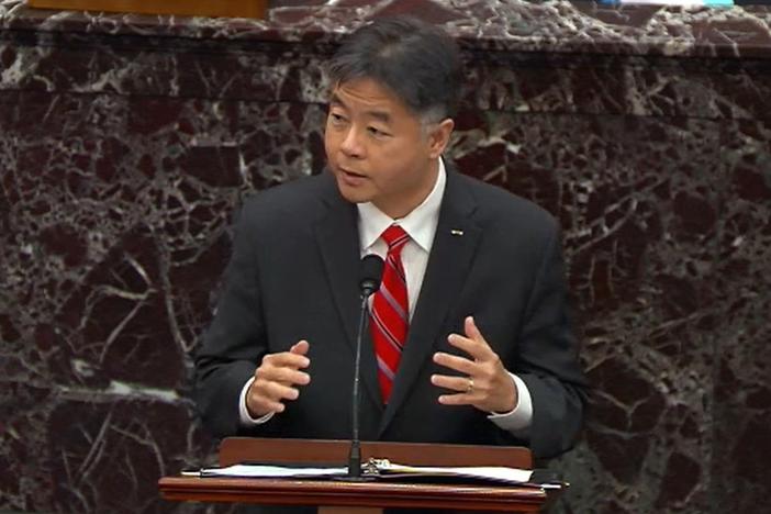Rep. Ted Lieu, D-Calif., speaks on the third day of former President Donald Trump's second impeachment trial. House impeachment managers argue that Trump both incited the Jan. 6. insurrection and showed no remorse after the attack.