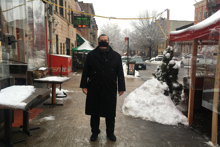 Owner Donald Minerva outside Scottadito Osteria Toscana restaurant in Brooklyn, N.Y., which has been closed for indoor dining for two months. The restaurant is reopening at reduced capacity on Valentine's weekend.