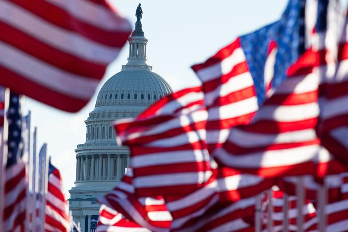 U.S. flags, representing those who could not attend the inauguration due to COVID-19, flutter in the wind at the National Mall in Washington, D.C., on Jan. 20.