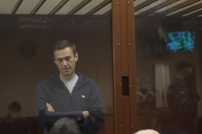 In this photo provided by the Moscow Court Press Service, Russian opposition leader Alexei Navalny appears in court on Friday. Russia is threatening to cut ties with the European Union if the bloc imposes sanctions over Navalny's arrest.