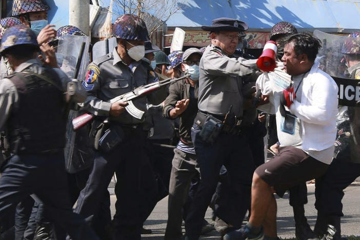 Police arrest a protester during a demonstration against the military coup in Mawlamyine, in Myanmar's Mon State, on Friday.