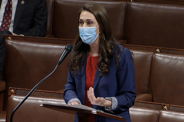 Rep. Jaime Herrera Beutler, a Republican, has faced mixed reactions in her Washington state congressional district for her support of former President Donald Trump's impeachment. Above, Herrera Beutler speaks as the House debates an objection to the Electoral College vote in January.