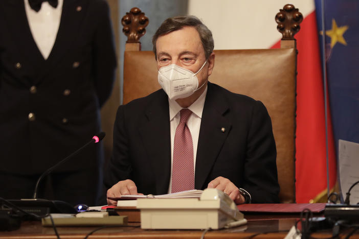 New Italian Prime Minister Mario Draghi presides over a meeting of his first cabinet in Rome Saturday.