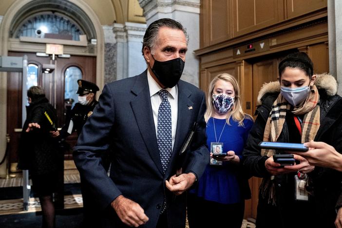 Republican Sen. Mitt Romney arrives at the Capitol for the fifth day of the second impeachment trial of former President Donald Trump on Saturday. Romney was one of the seven GOP senators who voted to convict.