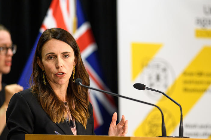 New Zealand Prime Minister Jacinda Ardern addresses media questions during a COVID-19 news conference on Feb. 14 in Wellington, New Zealand. Three new cases of the coronavirus have been confirmed in Auckland, the country's largest city.