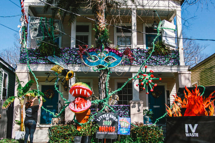 Just because the Mardi Gras parades are canceled, it hasn't stopped people's creativity. The "Little Shop of 2020 Horrors" house float is in the Algiers Point neighborhood of New Orleans.