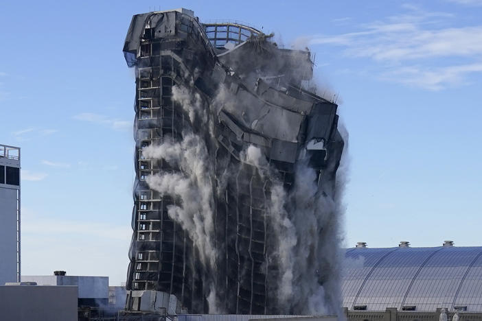 A series of explosions and a quick implosion reduced the former Trump Plaza in Atlantic City, N.J., to an 80-foot pile of rubble.