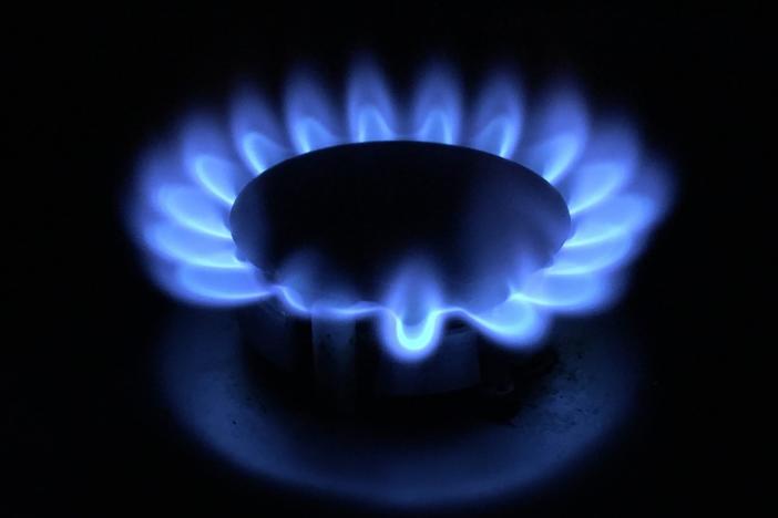 A lower-carbon natural gas flame burns on a stovetop at a NW Natural testing facility.