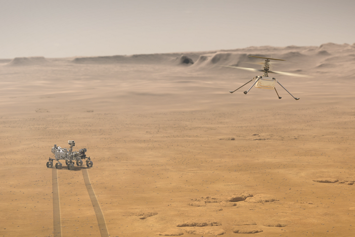 NASA's Perseverance rover shown with its experimental aerial drone, the Ingenuity Mars Helicopter, in an artist's concept.
