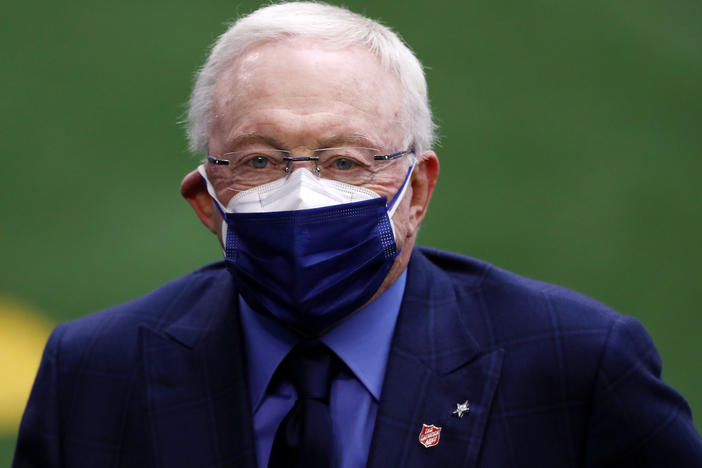 Jerry Jones, owner of the Dallas Cowboys, looks on prior to a game against the Pittsburgh Steelers at AT&T Stadium on Nov. 8, 2020, in Arlington, Texas. An oil company in which he is the majority shareholder said it had hit the "jackpot" as natural gas prices surged during the winter storms.