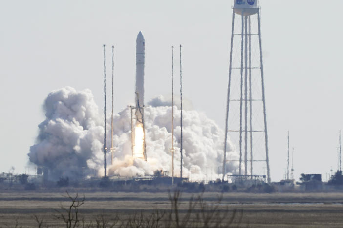 Northrop Grumman's Antares rocket lifts off the launch pad at NASA's Wallops Island flight facility in Wallops Island, Va., on Saturday. The rocket is delivering cargo to the International Space Station.
