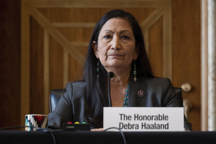 Rep. Deb Haaland, D-N.M., during her Senate hearing Tuesday to be Interior Secretary. If confirmed, she would be the first Native American to hold the post.