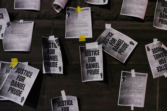 Signs calling for "Justice for Daniel Prude" were plastered to the exterior walls of City Hall in Rochester, N.Y., on Sept. 8, the seventh consecutive night of protests following the release of bodycam footage showing the March arrest that preceded his death.