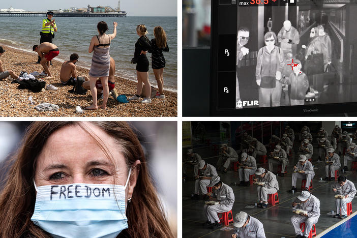 Top left: An officer asks people to observe lockdown rules in Brighton, England. Bottom left: A protester at a lockdown demonstration in Brussels, Belgium last month. Top right: Malaysian health officers screen passengers with a thermal scanner at Kuala Lumpur Airport in January 2020. Bottom right: Employees eat their lunch in Wuhan, China, in March 2020.