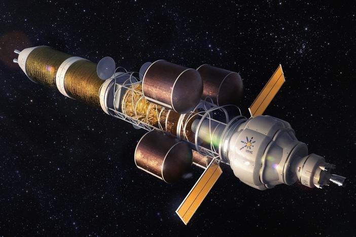 An artist's depiction of a nuclear powered spacecraft of the sort that might one day carry people to Mars. Nuclear could allow for faster journeys, according to the experts.