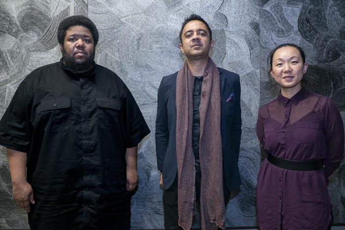 From left: Tyshawn Sorey, Vijay Iyer and Linda May Han Oh. The trio, Iyer's newest, collaborated on the album <em>Uneasy</em>.
