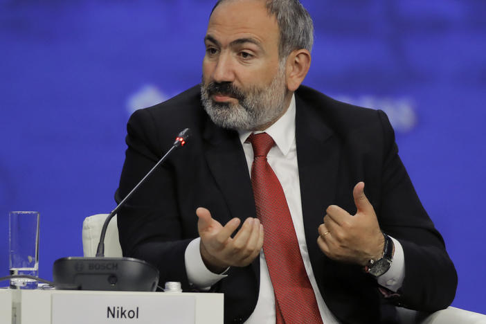 Armenian Prime Minister Nikol Pashinyan speaking at the St. Petersburg International Economic Forum in St. Petersburg, Russia, in 2019.