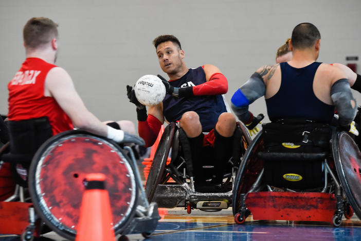 Joe Delagrave (c) is co-captain of the USA Wheelchair Rugby team. The squad was practicing at a recent training camp in Birmingham, Ala. at the U.S. Olympic and Paralympic Training site.