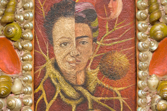 Frida Kahlo,<em> Diego and Frida 1929 – 1944,</em> 1944, oil on masonite with original painted shell frame, private collection, courtesy Galería Arvi