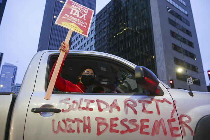 More than 5,800 warehouse workers at the Bessemer, Ala., Amazon facility are voting this month on whether to join the Retail, Wholesale and Department Store Union. Supporters are protesting in solidarity with those workers.