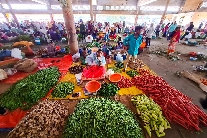 Farmers, traders and customers weave through waist-high heaps of chili peppers, piles of ginger and mounds of carrots at a government-run wholesale market in western India.
